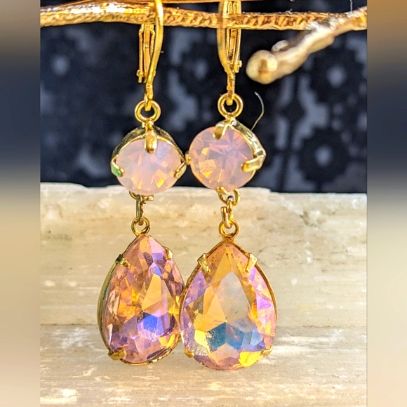 Pink Opal/ Rosewater and Large Pink AB Crystal Drop Down Earrings in Yellow Gold - Picture 2 of 4